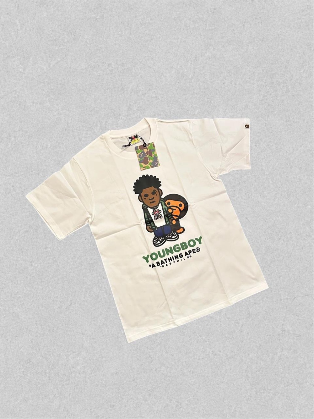 Bape White Tee with Green and Orange Graphic - Youngboy Ape Print